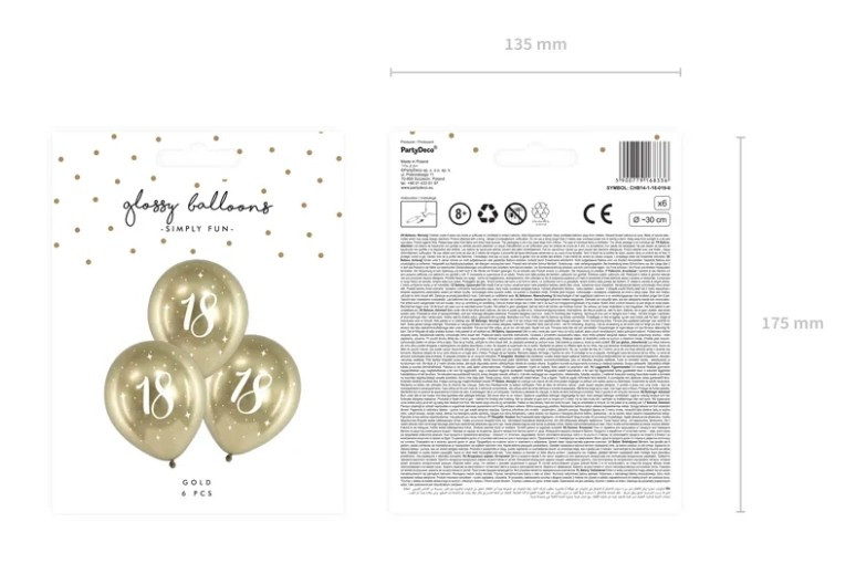 Balony Glossy 30cm "18" złoty 6szt CHB14-1-18-019-6 PartyDeco